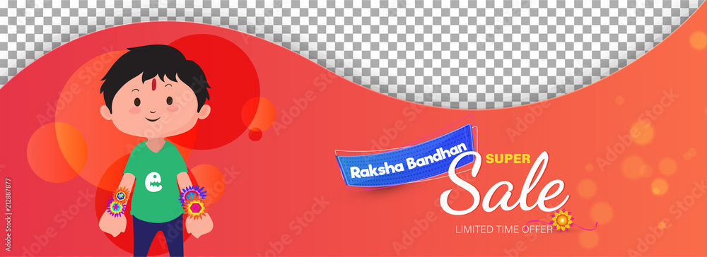 Naklejka premium Raksha Bandhan Super Sale header or banner design with cute little boy character on abstract red background.