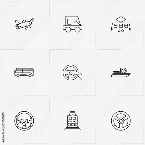 Transport line icon set with yacht, electric train  and bus