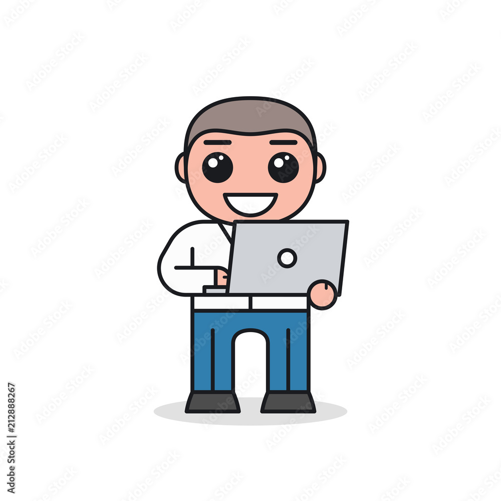 Smiling businessman in white shirt with tie with laptop in hands. Cartoon character design. Front view