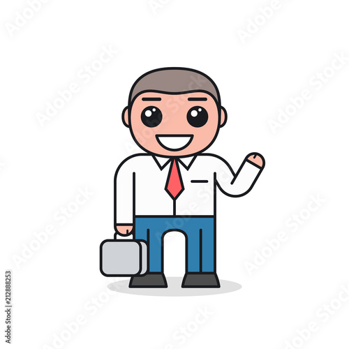 Smiling businessman in office style clothes greets. Cartoon character design. Front view