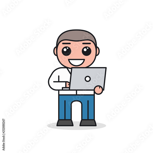 Smiling businessman in white shirt with tie with laptop in hands. Cartoon character design. Front view