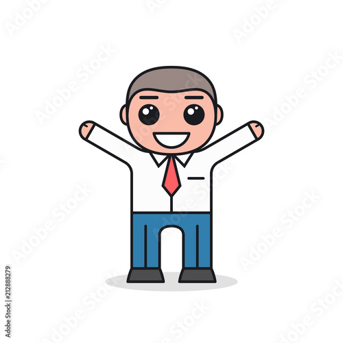 Happy smiling businessman in white shirt with tie with raised hands up. Cartoon character design. Front view