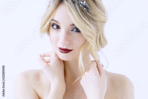 blonde portrait make-up white background / professional bright model make-up blond on white background, portrait of beautiful model