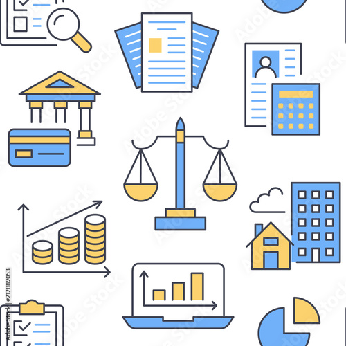 Financial accounting seamless pattern with flat line icons. Bookkeeping background, tax optimization, loan, invoice, real estate crediting. Accountancy, finance colored backdrop for legal services.