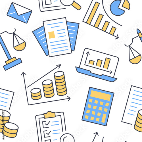 Financial accounting seamless pattern with flat line icons. Bookkeeping background, tax optimization, loan, payroll, real estate crediting. Accountancy, finance colored backdrop for legal services.