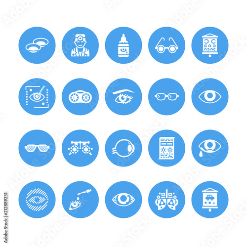 Ophthalmology, eyes health care glyph icons. Optometry equipment, contact lenses, glasses, blindness. Vision correction signs for oculist clinic. Solid silhouette pixel perfect 64x64.