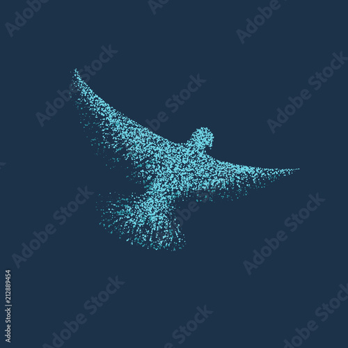 Vector blue bird made from round parcicles with spread wings.