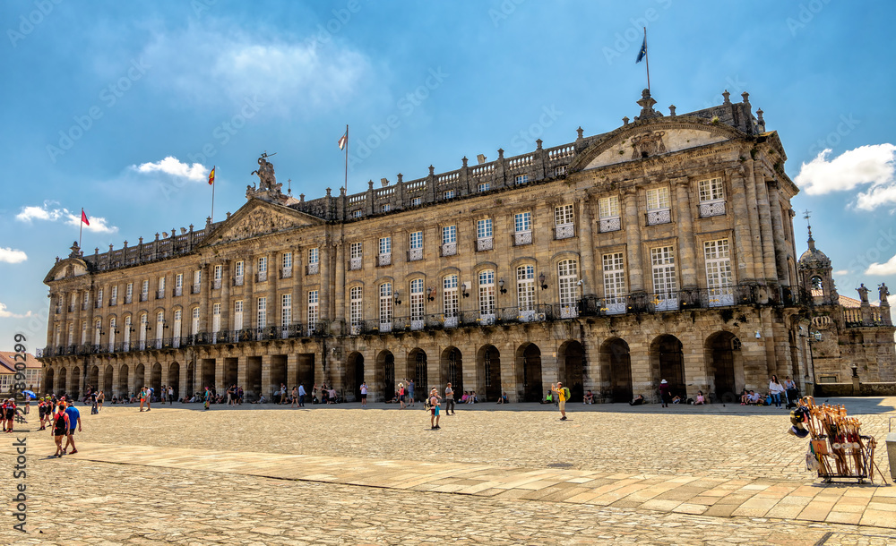 View of historic Santiago de Compostela town hall building in Obradoiro square.