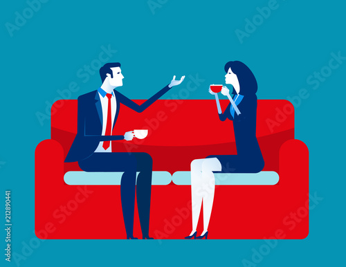 Business people meeting talking. Concept business vector illustration. Flat character style. Red sofa, Meeting