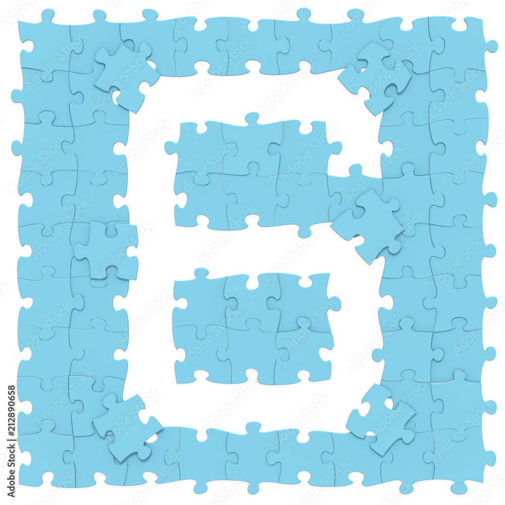 Jigsaw blue puzzles assembled like mathematical digit 6 or six on white background, puzzle board may be seamless connected along borders, 3D rendered image for math education and childish typography