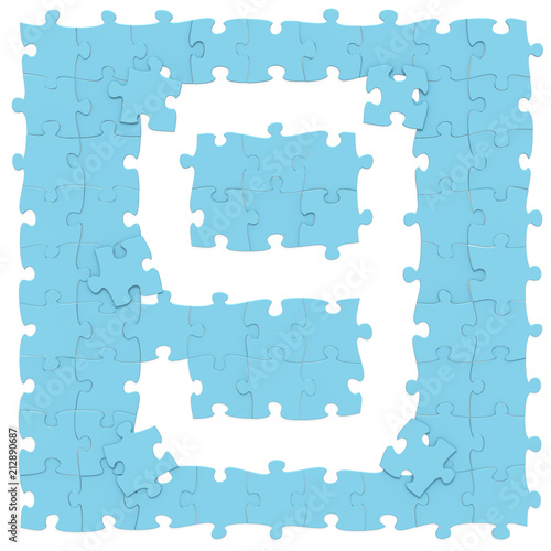 Jigsaw blue puzzles assembled like mathematical digit 9 or nine on white background, puzzle board may be seamless connected along borders, 3D rendered image for math education and childish typography
