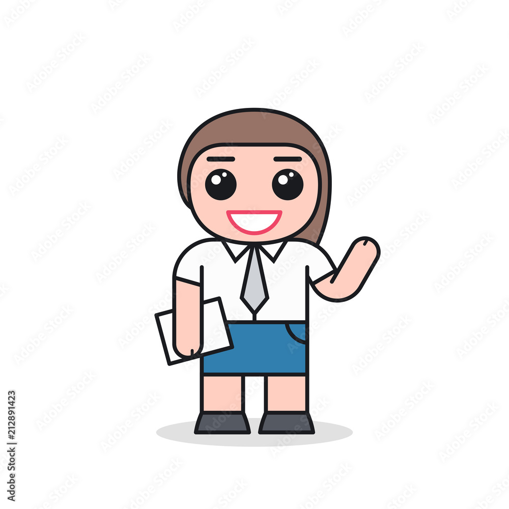 Smiling business woman greets. Cartoon character design. Front view Smiling business woman greets. Cartoon character design. Front view