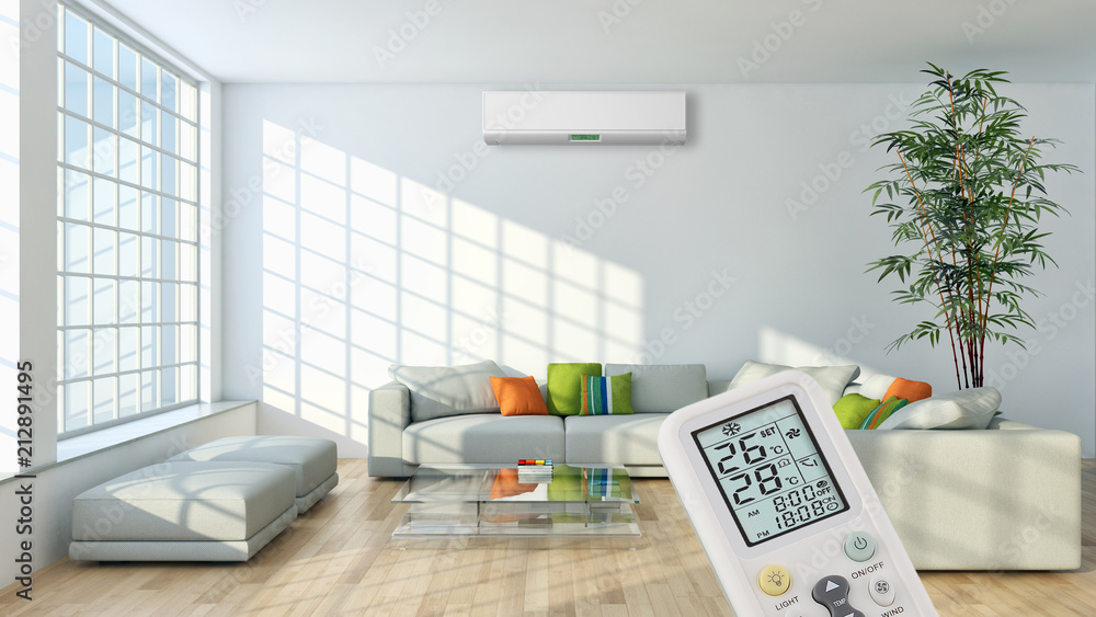Modern interior apartment with air conditioning and remote control 3D rendering illustration - obrazy, fototapety, plakaty 
