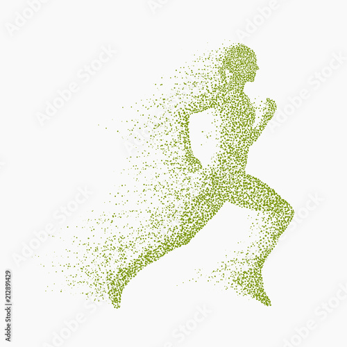 Vector green silhoette of running woman made from dots and particles.
