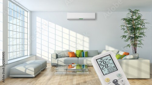 Modern interior apartment with air conditioning and remote control 3D rendering illustration photo
