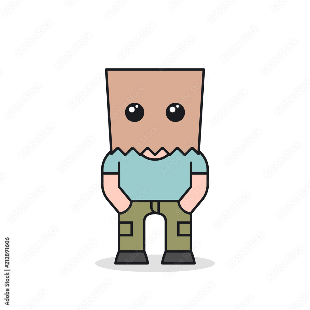 Man with brown paper bag on head. Cartoon character design. Front view  Stock Vector | Adobe Stock