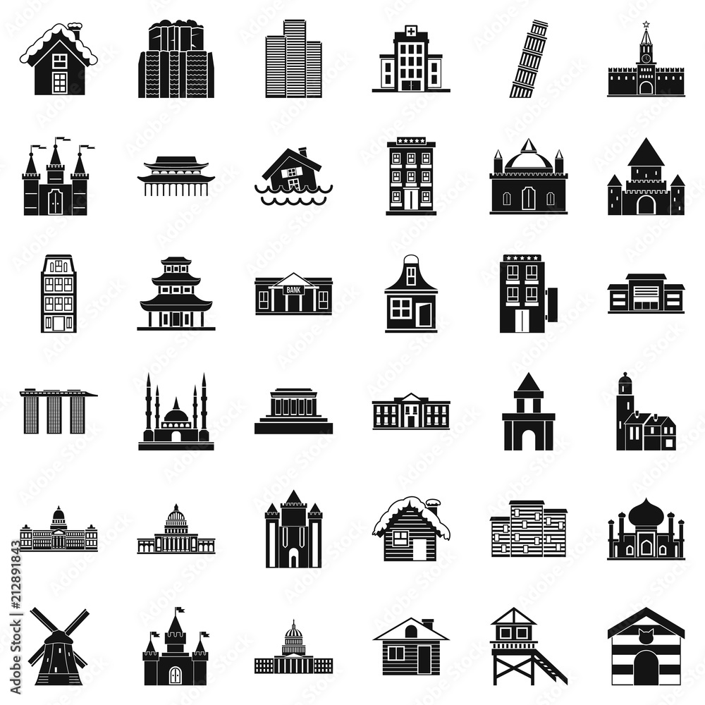 Town building icons set. Simple style of 36 town building vector icons for web isolated on white background