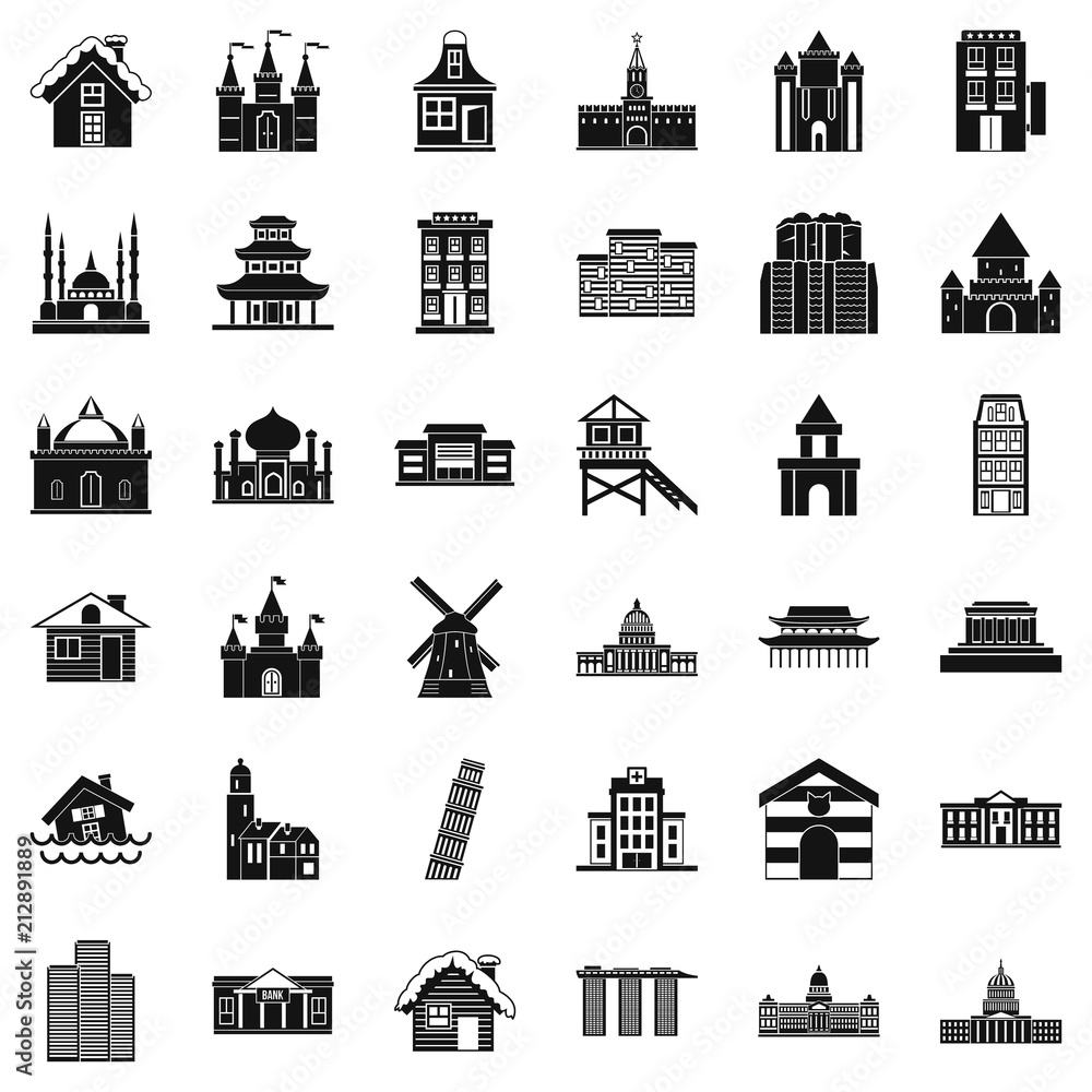 Tower building icons set. Simple style of 36 tower building vector icons for web isolated on white background