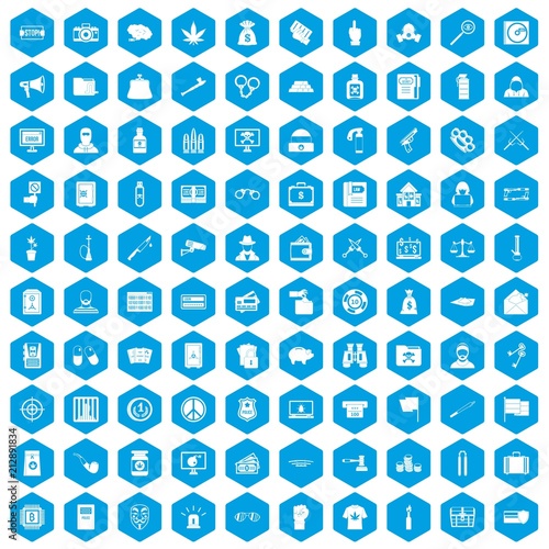 100 criminal offence icons set in blue hexagon isolated vector illustration