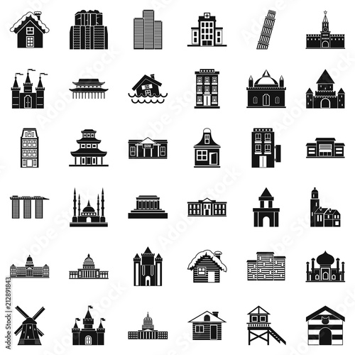Town building icons set. Simple style of 36 town building vector icons for web isolated on white background
