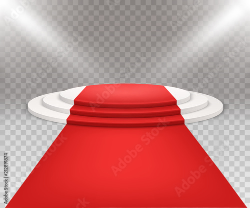 3D isolated three stepped round white podium with red carpet.