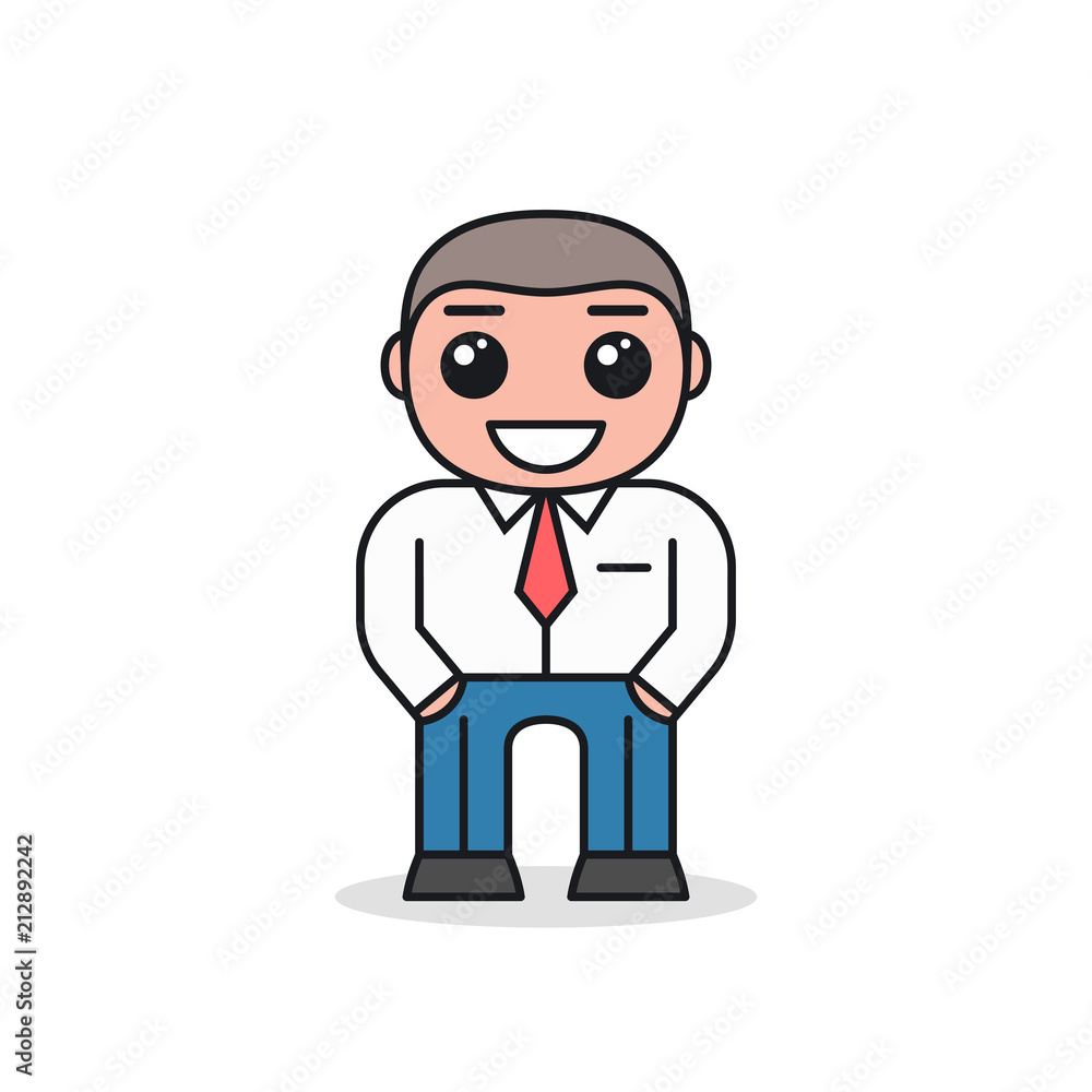 Smiling businessman in white shirt with tie with hands in pockets. Cartoon character design. Front view Smiling businessman in white shirt with tie with hands in pockets. Cartoon character design. Front view