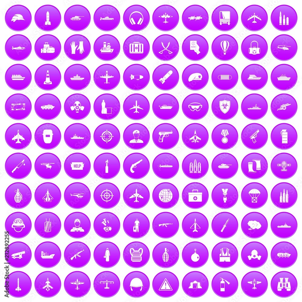 100 military resources icons set in purple circle isolated vector illustration