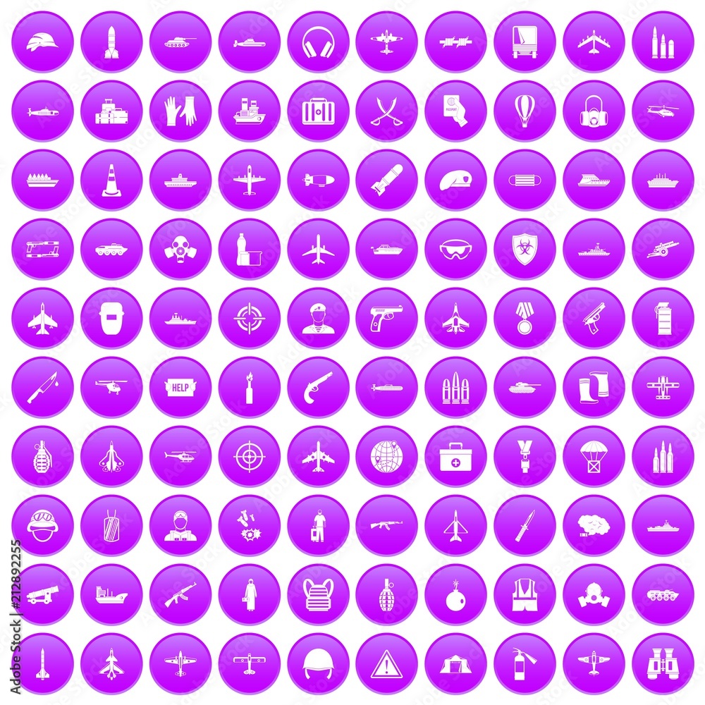 100 military resources icons set in purple circle isolated vector illustration 100 military resources icons set in purple circle isolated vector illustration