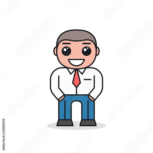 Smiling businessman in white shirt with tie with hands in pockets. Cartoon character design. Front view