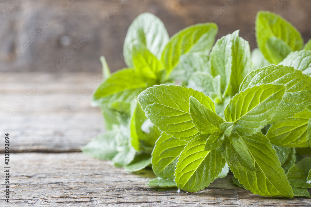 Mint fresh with dew drops on wooden background, selective focus Mint fresh with dew drops on wooden background, selective focus