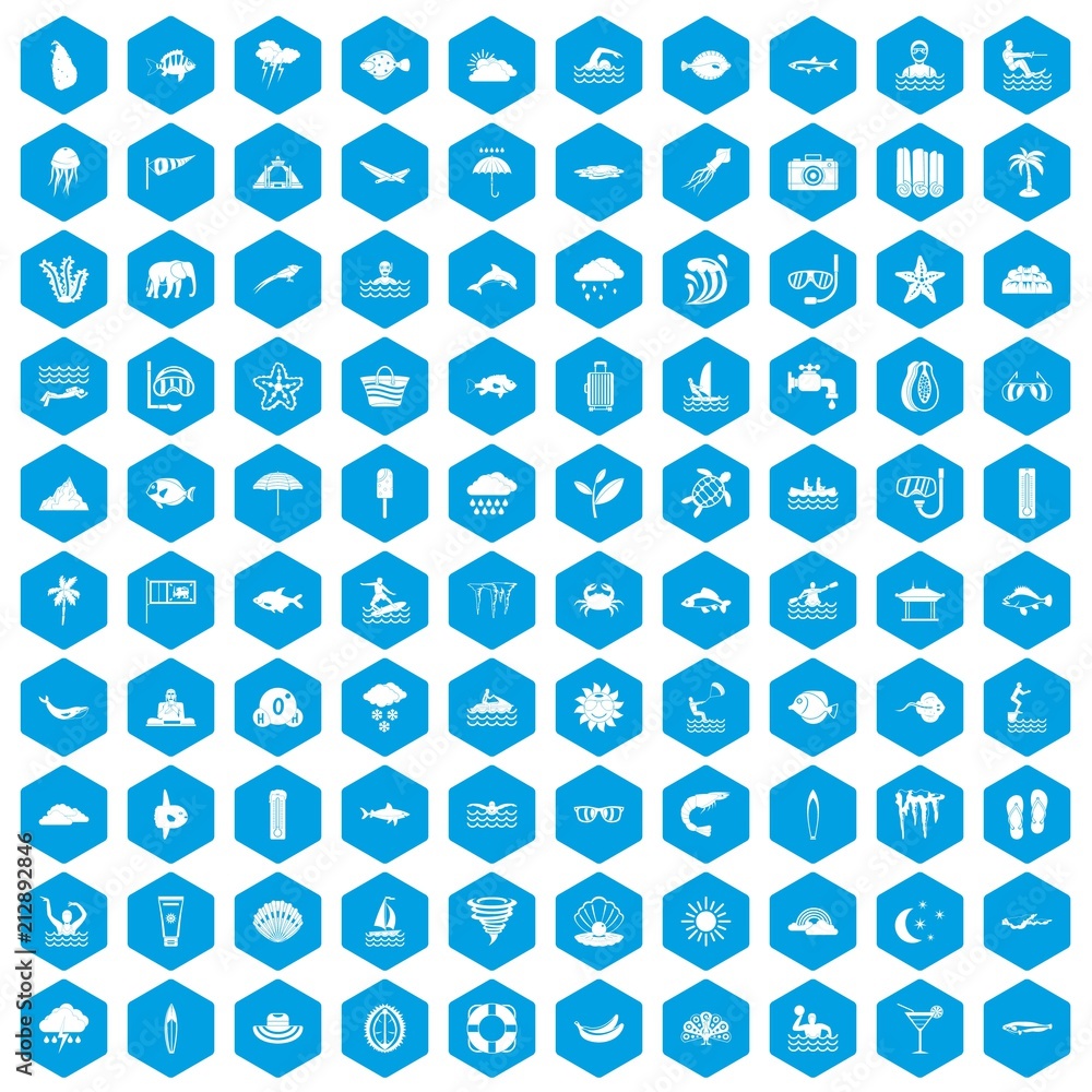 100 diving icons set in blue hexagon isolated vector illustration 100 diving icons set in blue hexagon isolated vector illustration