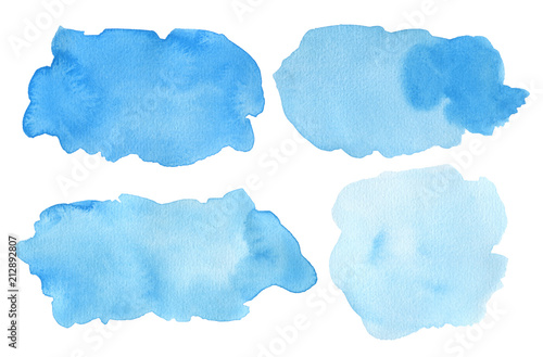 Set of watercolor blue splashes. Grunge splatters, blobs. Hand painted backgrounds. photo