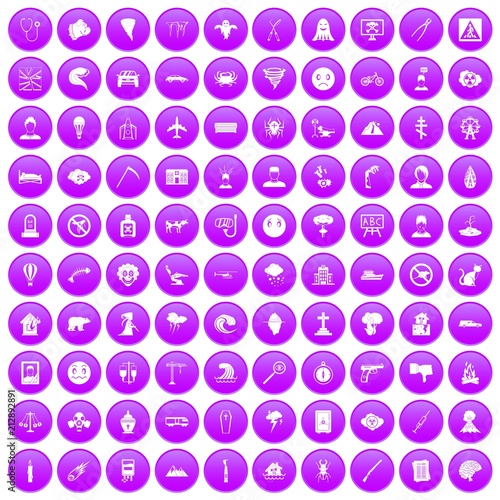 100 phobias icons set in purple circle isolated vector illustration