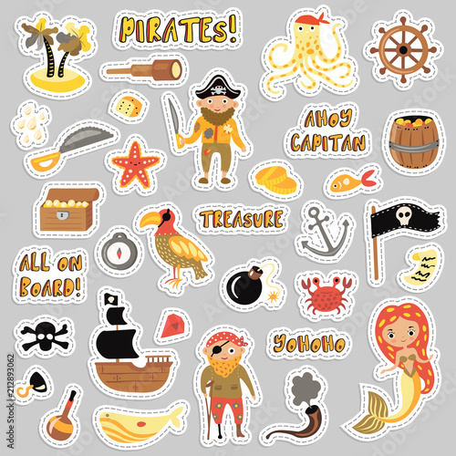Set of Pirates vector cartoon stickers. Adventures and Pirate party sticker for Kindergarten. Children Adventure, treasure, pirates, octopus, whale, ship - Kids drawing vector cartoon stickers about