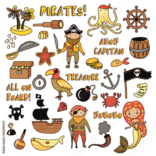 Set of Pirates vector cartoon objects. Adventures and Pirate party for Kindergarten. Children Adventure, treasure, pirates, octopus, whale, ship - Kids drawing vector cartoon objects about Pirates and