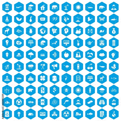 100 eco care icons set in blue hexagon isolated vector illustration