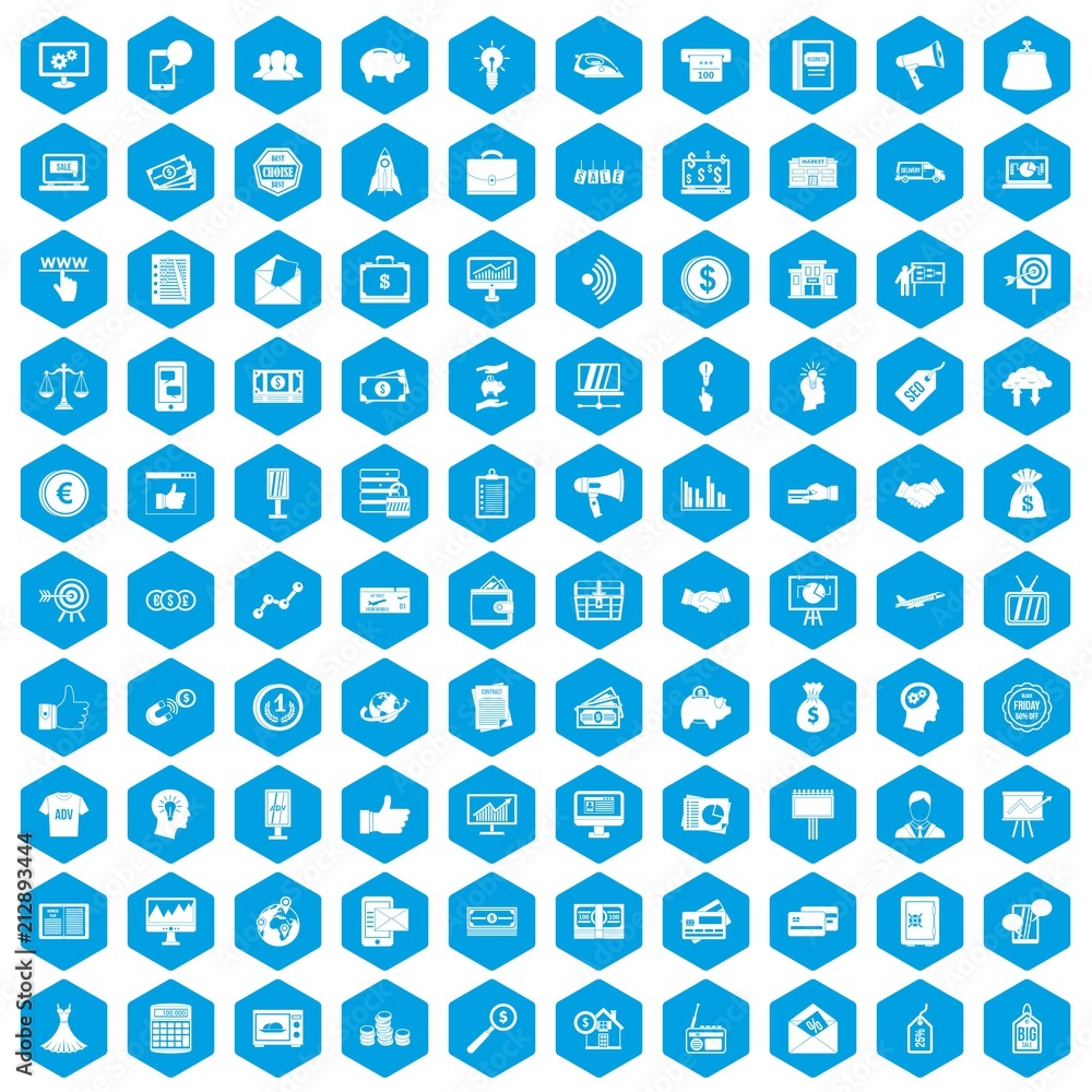 100 e-commerce icons set in blue hexagon isolated vector illustration 100 e-commerce icons set in blue hexagon isolated vector illustration