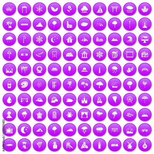 100 scenery icons set in purple circle isolated vector illustration
