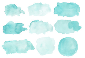 Watercolor abstract shapes isolated on white background.  Painted splashes, splatters, background blobs. Hand drawn painted design elements in pink.