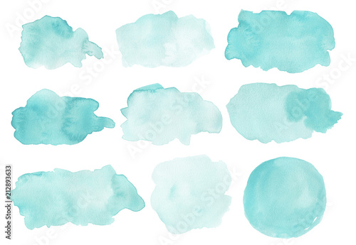 Watercolor abstract shapes isolated on white background.  Painted splashes, splatters, background blobs. Hand drawn painted design elements in pink.