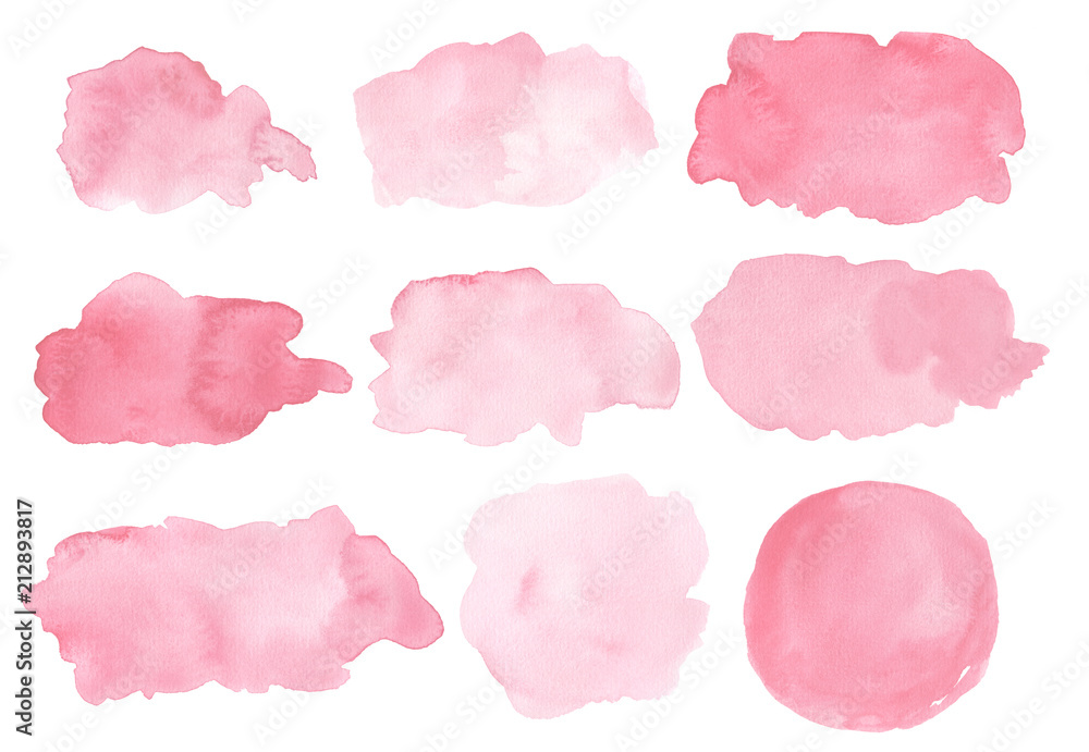 Watercolor splashes isolated on white background. Pink background blobs. Hand drawn painted design elements.
