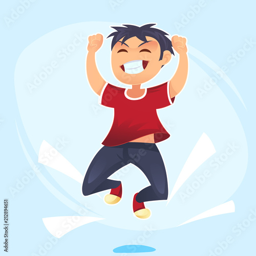 Cartoon character, Happy school cute Boy jumping Concept of happiness, victory fun. Vector cartoon illustration for banner, poster, website, invitation.