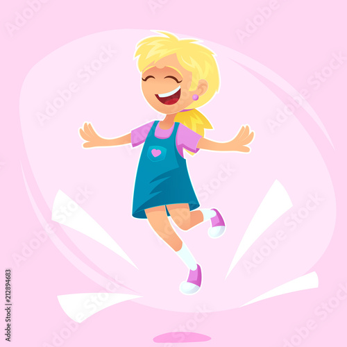 Cartoon character, Happy school cute girl jumping Concept of happiness, victory fun. Vector cartoon illustration for banner, poster, website, invitation.