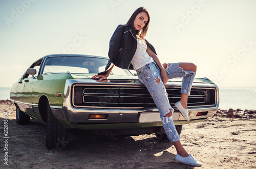 Woman with retro car