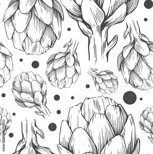 Seamless pattern with hand drawn artichokes. Vector illustration. Botanical pattern for textiles and wallpapers.