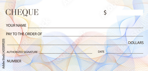 Cheque (Check template), Chequebook template. Blank bank cheque with guilloche pattern and business abstract watermark. Background for banknote design, Voucher, Gift certificate, Coupon, ticket, money