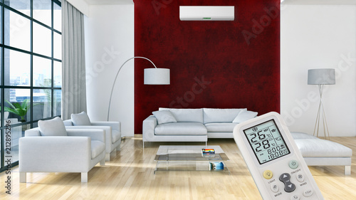 Modern interior apartment with air conditioning and remote control 3D rendering illustration photo