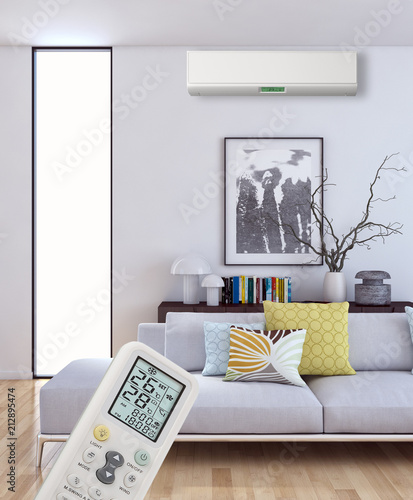 Modern interior apartment with air conditioning and remote control 3D rendering illustration photo