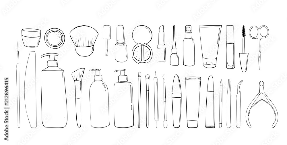 Cosmetic products. Beauty set in the style of a black stroke drawn by hands. Elements or object for the design of the beauty salon Cosmetic products. Beauty set in the style of a black stroke drawn by hands. Elements or object for the design of the beauty salon