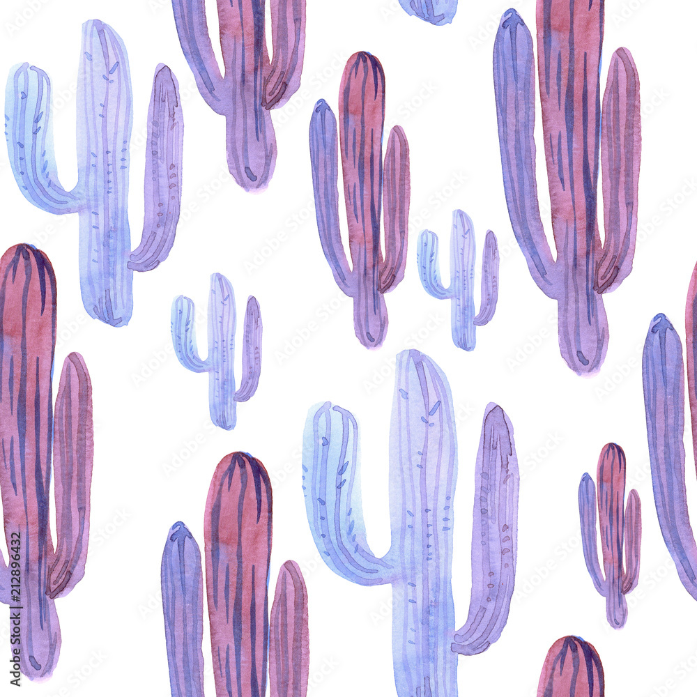 Seamless pattern with decorative purple cactus on a white background ...